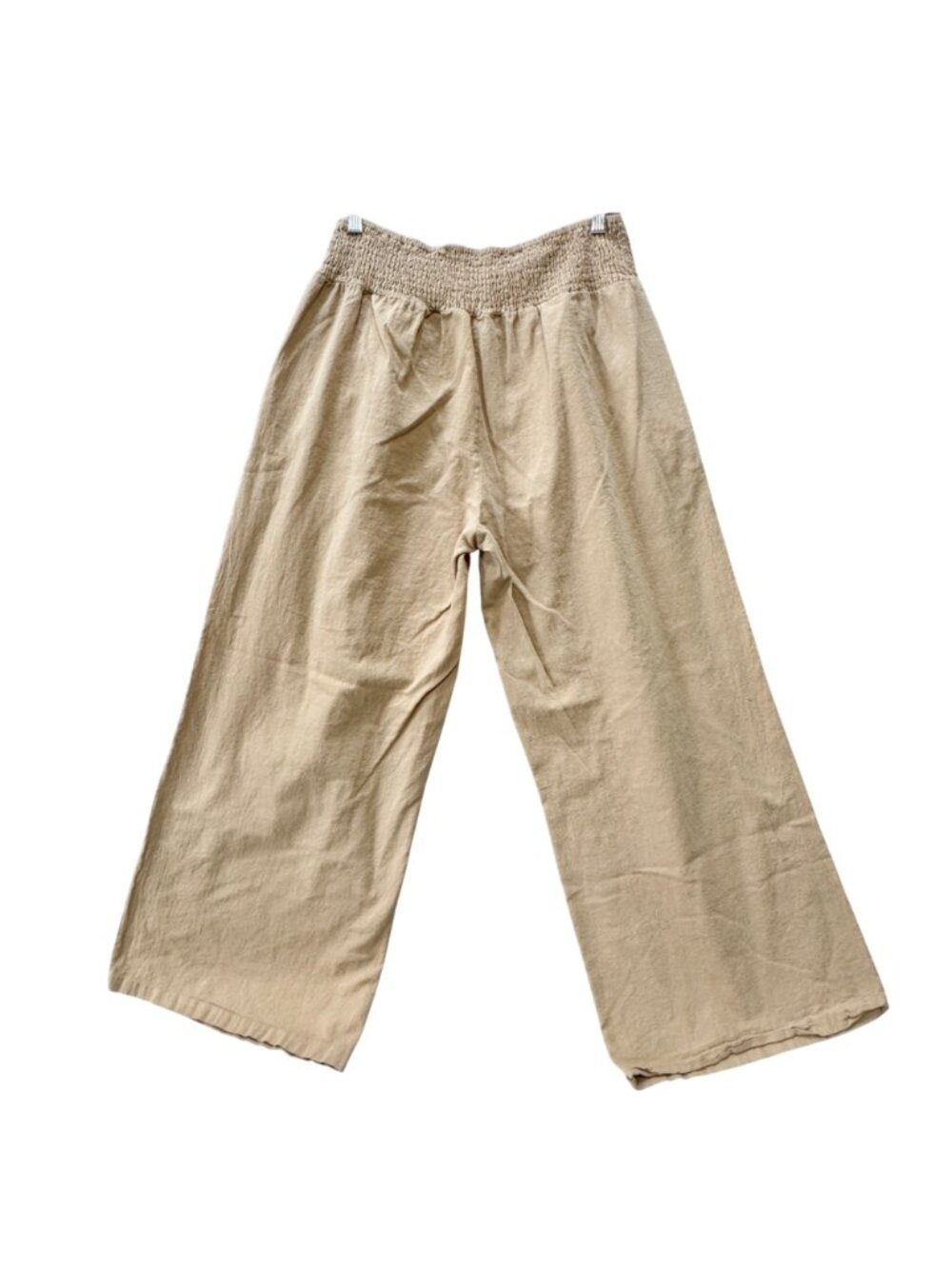 Wide-Leg Women's Linen Cropped Pants Smocked Waist Tan Relaxed Fit Boho Breezy - Picture 2 of 11